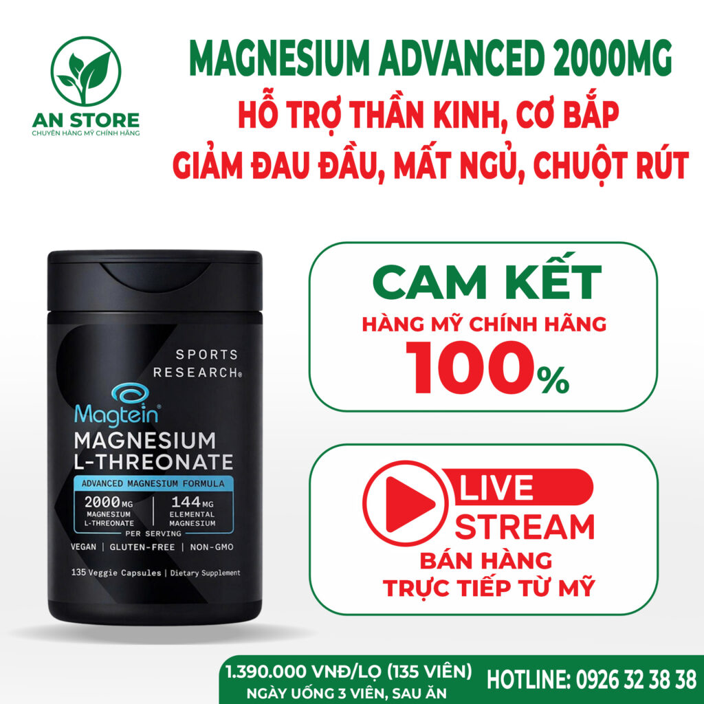 Viên Uống Sports Research Magtein Magnesium L-Threonate 2000mg Của Mỹ