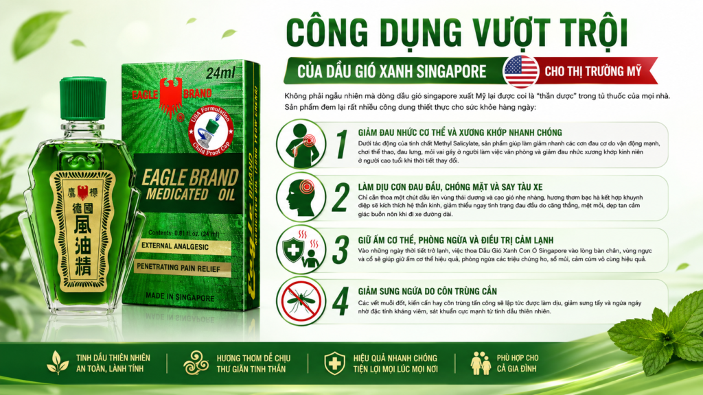 Công Dụng Dầu Gió Xanh Singapore Eagle Brand Medicated Oil 24ml