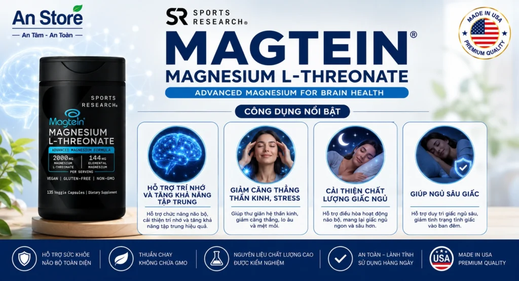 Công Dụng Cải Thiện Giấc Ngủ Và Giảm Căng Thẳng Thần Kinh Của Sports Research Magtein Magnesium L-Threonate