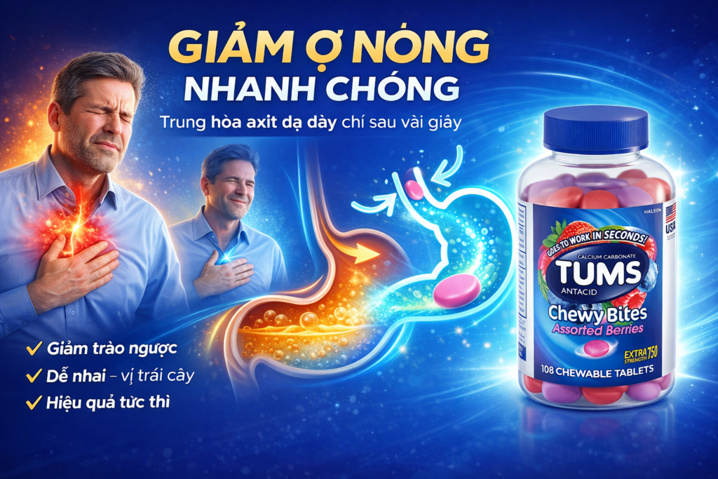 Viên nhai Tums Antacid Extra Strength 750 hỗ trợ điều trị trào ngược dạ dày hiệu quả.