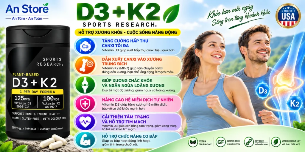 Công Dụng Tăng Hấp Thụ Canxi Và Bảo Vệ Xương Khớp Của Vitamin D3 K2 Sports Research