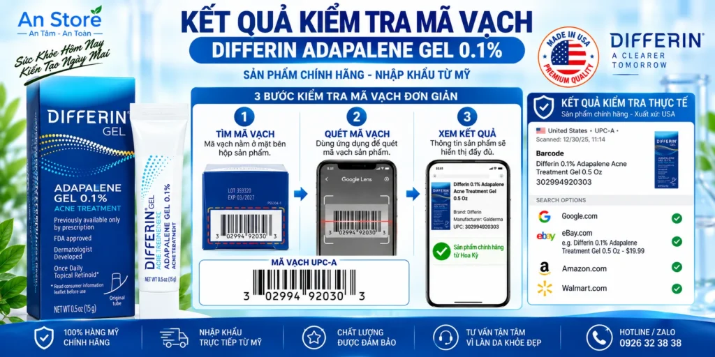 Differin Adapalene Gel 0.1% Do An Store Cung Cấp Luôn Có Mã Vạch Chuẩn Mỹ