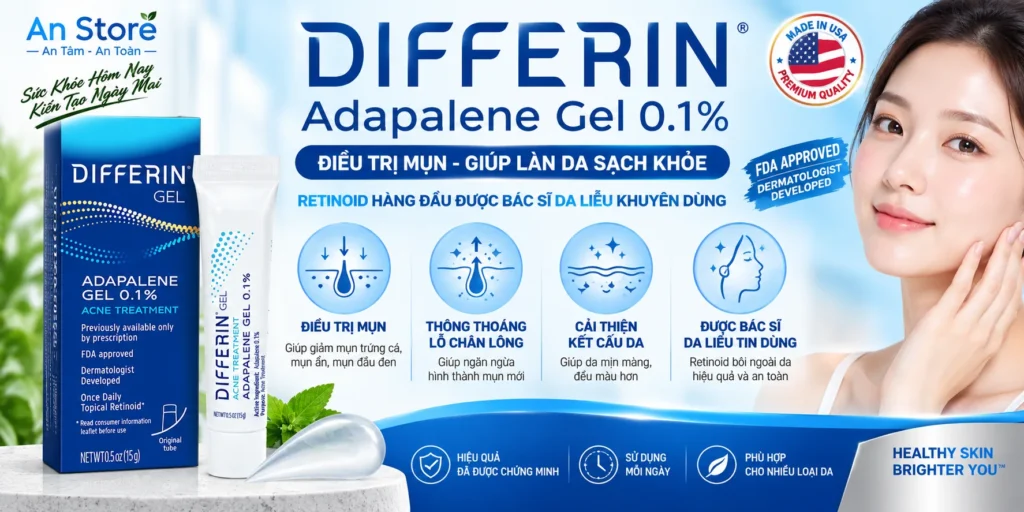 Kem Trị Mụn Differin Adapalene Gel 0.1% Của Mỹ – Giải Pháp Đứt Điểm Mụn Ẩn Và Mụn Đầu Đen Tận Gốc.