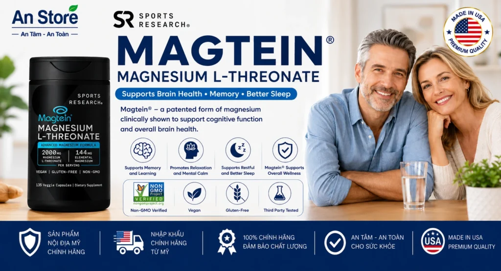 Viên Uống Sports Research Magnesium L-Threonate 135 viên Của Mỹ Hỗ Trợ Trí Nhớ Và Giấc Ngủ