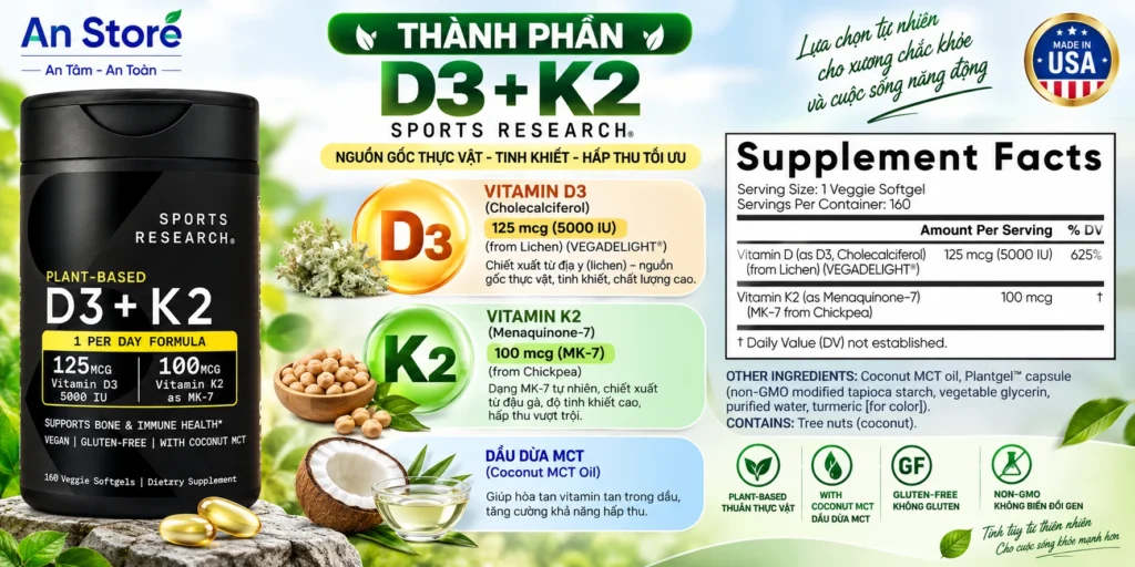Thành Phần Của Viên Uống Bổ Sung Vitamin D3 + K2 Của Mỹ