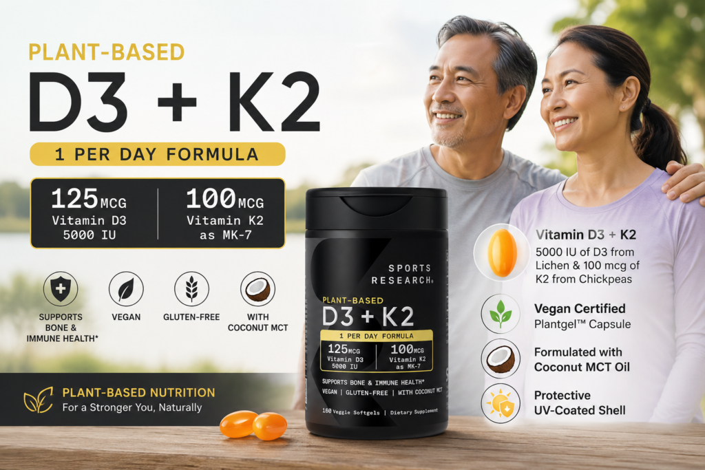Viên Uống Bổ Sung Vitamin D3 + K2 Sports Research 160 Viên Của Mỹ