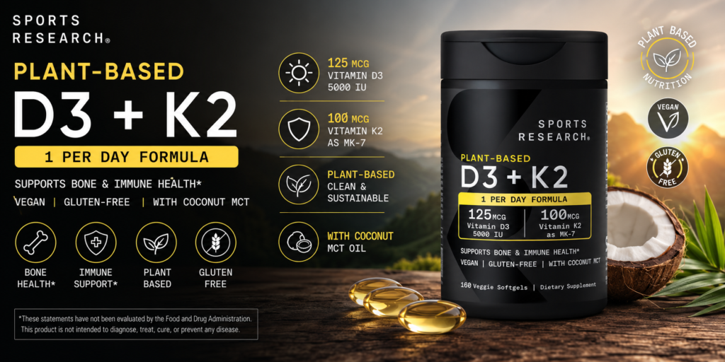 Viên Uống Bổ Sung Vitamin D3 + K2 Sports Research 160 Viên Của Mỹ