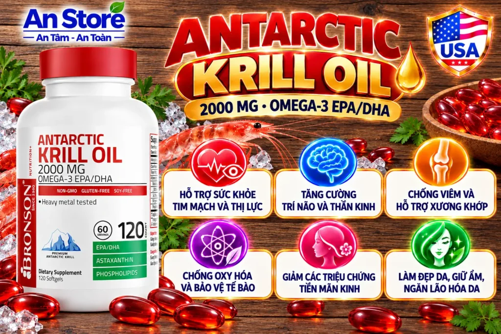 Công Dụng Dầu Nhuyễn Thể Bronson Antarctic Krill Oil 2000mg Của Mỹ