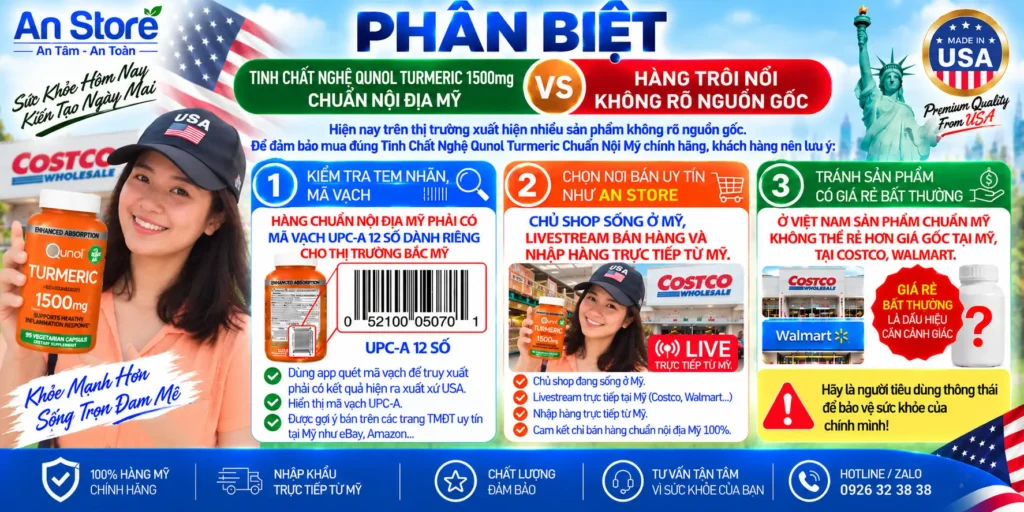 Phân Biệt Tinh Chất Nghệ Qunol Turmeric 1500mg Chuẩn Nội Địa Mỹ Và Hàng Trôi Nổi, Không Rõ Nguồn Gốc