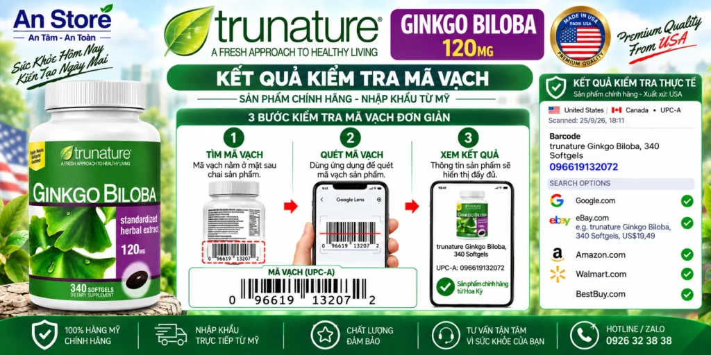 Bổ Não Ginkgo Biloba 120mg Do An Store Cung Cấp Luôn Có Mã Vạch Chuẩn Mỹ UPC-A
