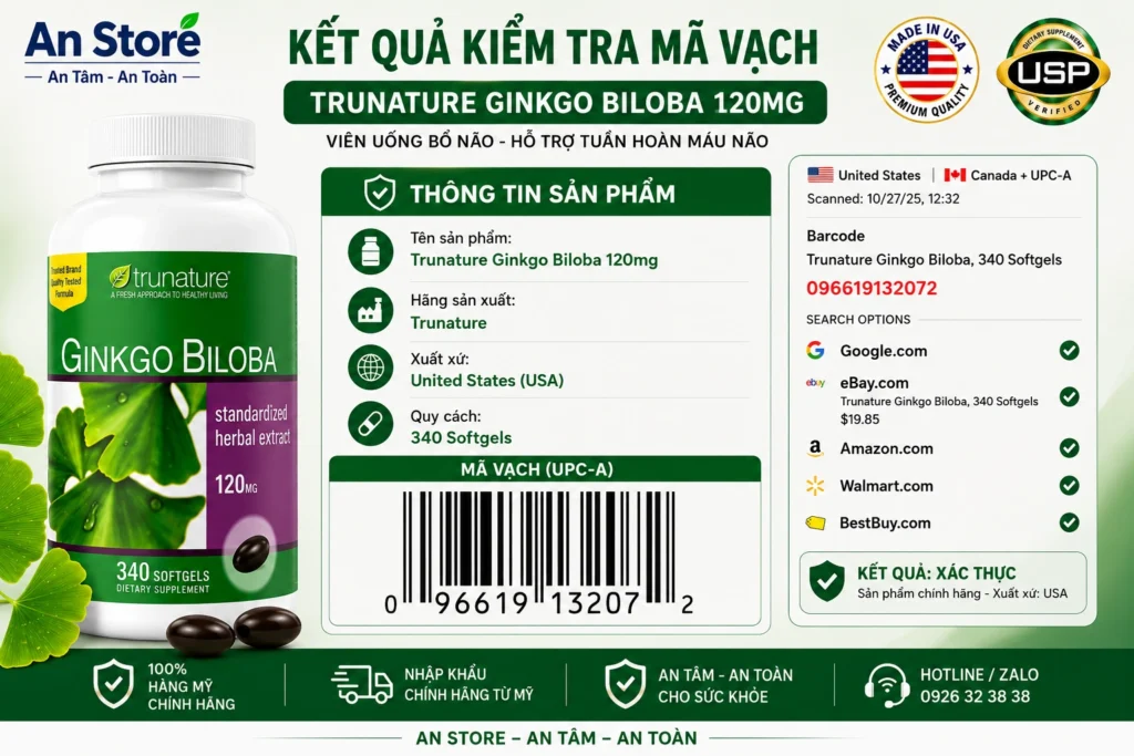 Bổ Não Ginkgo Biloba 120mg Do An Store Cung Cấp Luôn Có Mã Vạch Chuẩn Mỹ UPC-A