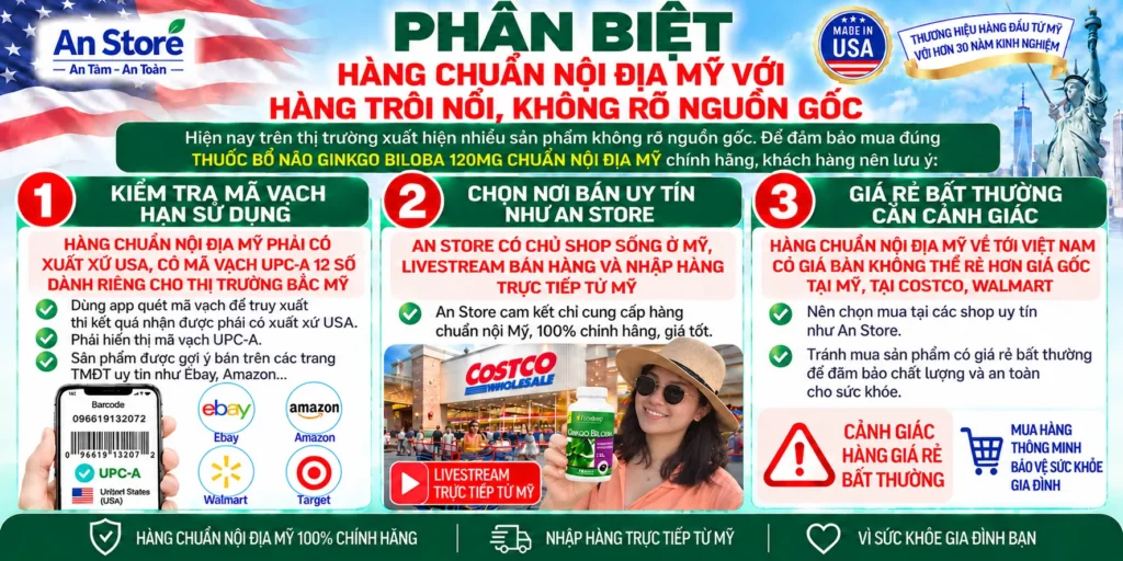 Phân Biệt Thuốc Bổ Não Ginkgo Biloba 120mg Chuẩn Nội Địa Mỹ Với Hàng Trôi Nổi, Không Rõ Nguồn Gốc