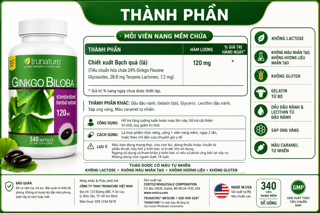 Thành Phần Thuốc Bổ Não Của Mỹ Trunature Ginkgo Biloba 120mg