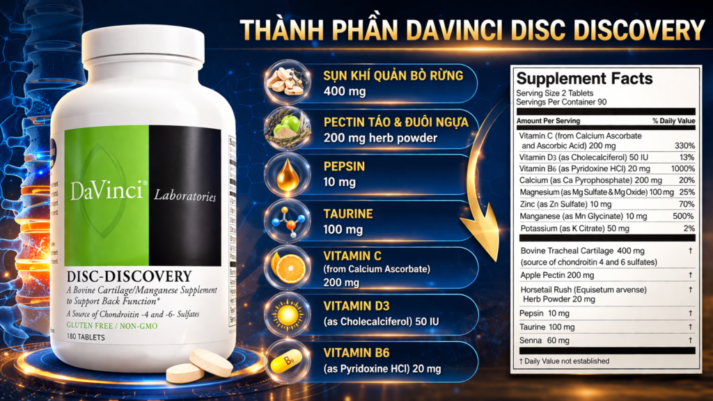 Thành Phần Davinci Disc Discovery Sụn Khí Quản Bò Rừng Hỗ Trợ Cột Sống, Đĩa Đệm