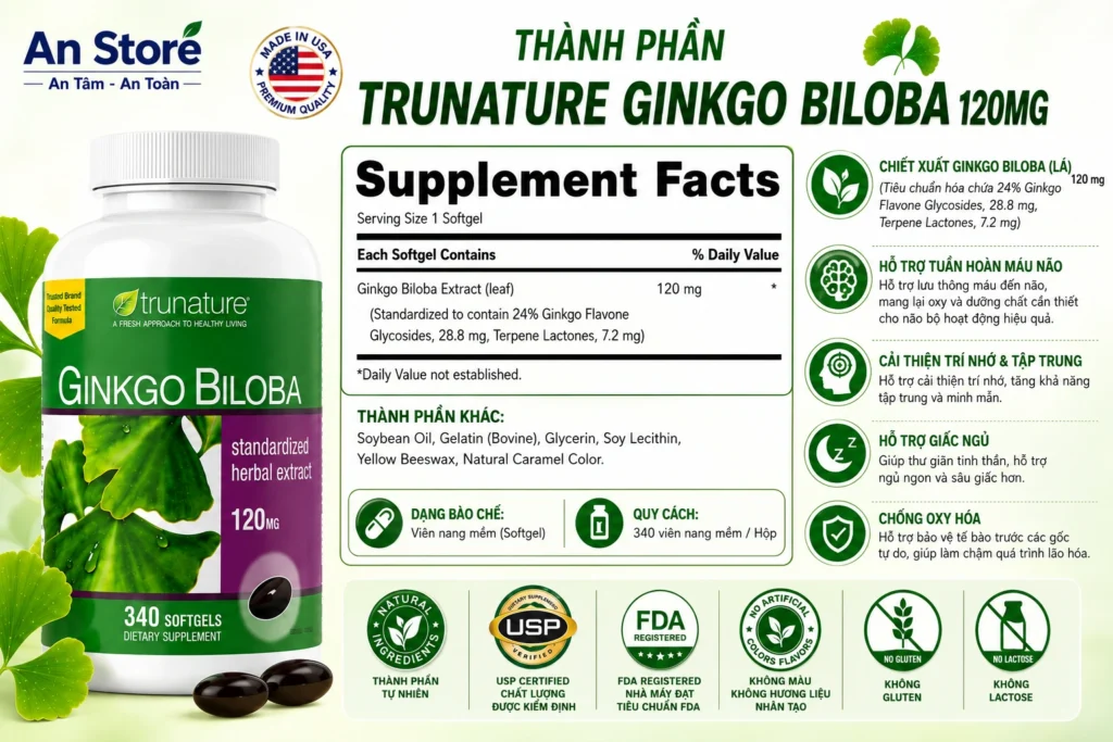 Thành Phần Chi Tiết Của Thuốc Bổ Não Trunature Ginkgo Biloba 120mg Mỹ