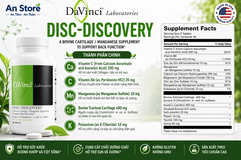 Thành Phần Davinci Disc Discovery Sụn Khí Quản Bò Rừng Hỗ Trợ Cột Sống, Đĩa Đệm