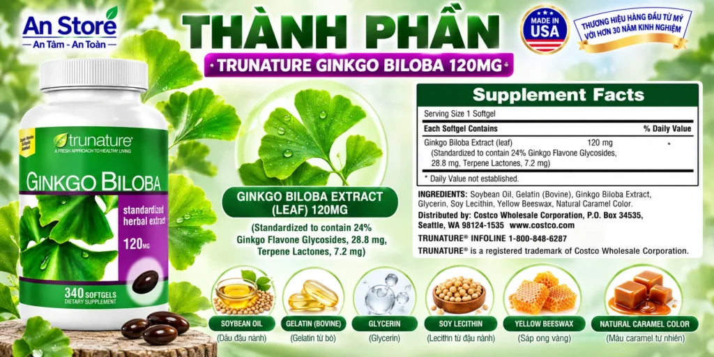 Thành Phần Chi Tiết Của Thuốc Bổ Não Trunature Ginkgo Biloba 120mg Mỹ
