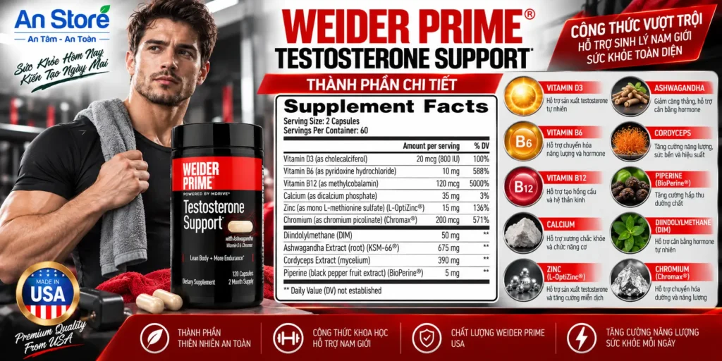 Thành Phần Weider Prime Testosterone Support 120 Viên Của Mỹ