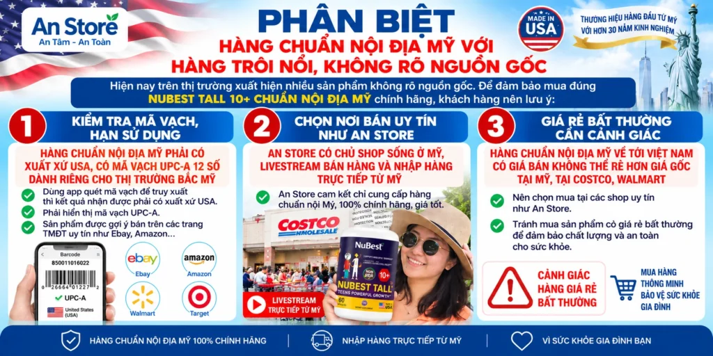 Phân Biệt Viên Uống NuBest Tall 10+ Chuẩn Nội Địa Mỹ Với Hàng Trôi Nổi, Không Rõ Nguồn Gốc