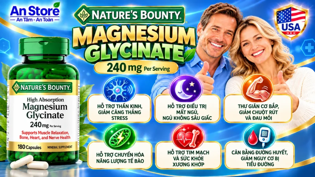 Viên Uống Magie Hữu Cơ Magnesium Glycinate 240mg Nature’s Bounty 180 Viên Hàng Mỹ Chính Hãng