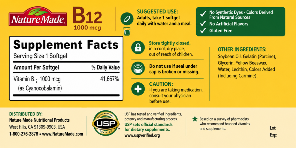 Thành Phần Viên Uống Nature Made Vitamin B12 1000 mcg 400 Viên Của Mỹ