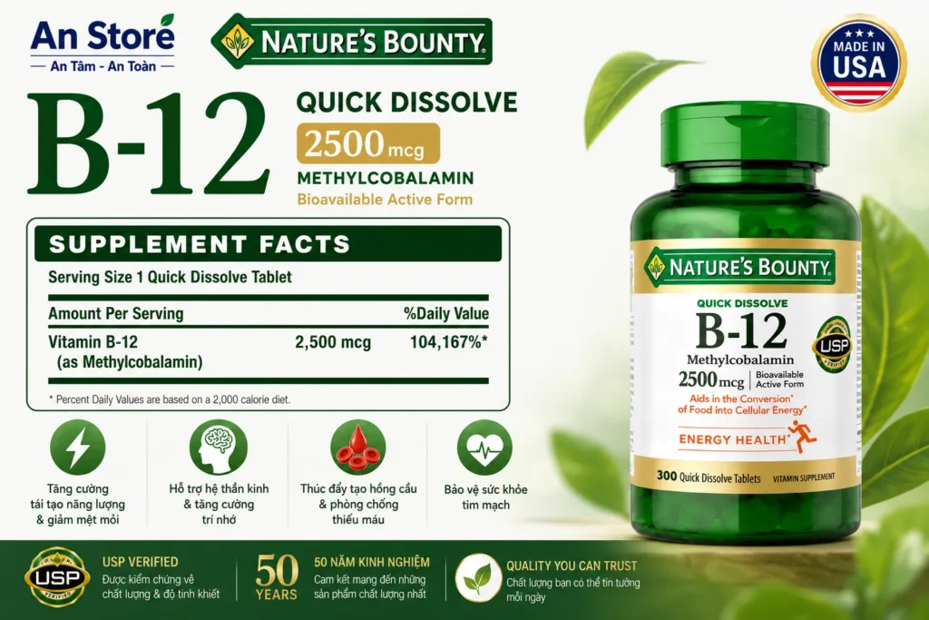 Thành Phần Viên Uống Nature's Bounty B12 2500 mcg Của Mỹ