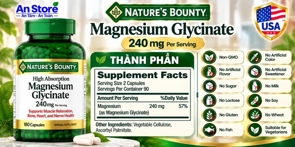 Thành Phần Viên Uống Magie Hữu Cơ Magnesium Glycinate 240mg Của Mỹ
