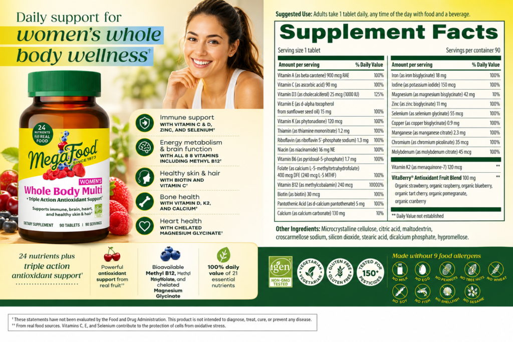 Bảng Thành Phần Chi Tiết Của Vitamin Tổng Hợp Cho Phụ Nữ MegaFood Women Whole Body Multi