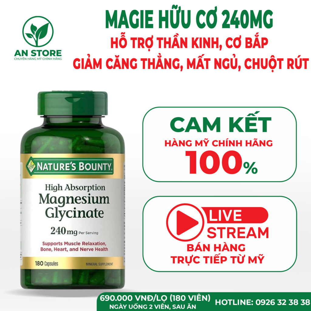 Viên Uống Magie Hữu Cơ Magnesium Glycinate 240mg Của Mỹ