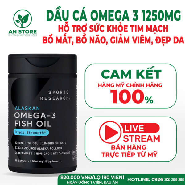 Dầu Cá Omega 3 Sports Research Của Mỹ 1250mg 90 Viên