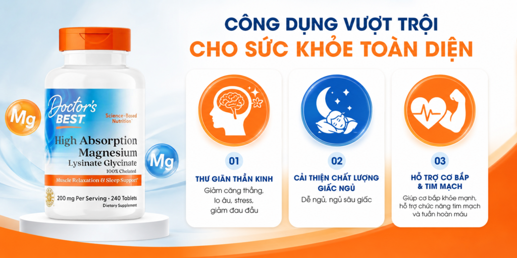 Thành Phần Magie Hữu Cơ Doctor’s Best Magnesium Lysinate Glycinate 200mg Của Mỹ