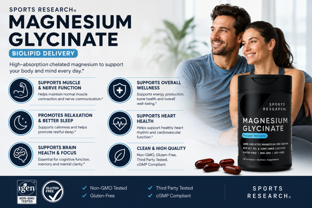Thành Phần Viên Uống Magie Hữu Cơ Sports Research Magnesium Glycinate 120 Viên Của Mỹ