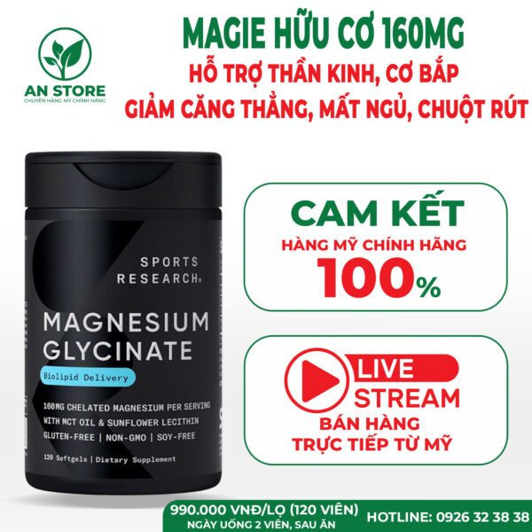 Magie Hữu Cơ Sports Research Magnesium Glycinate 120 Viên Của Mỹ