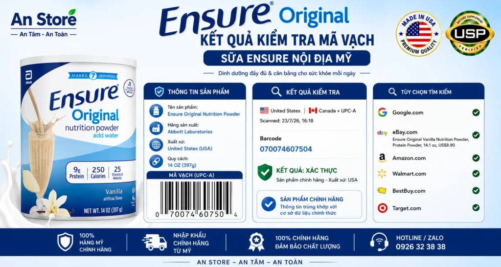 Sữa Bột Ensure Original Do An Store Cung Cấp Luôn Có Mã Vạch Chuẩn Mỹ UPC-A