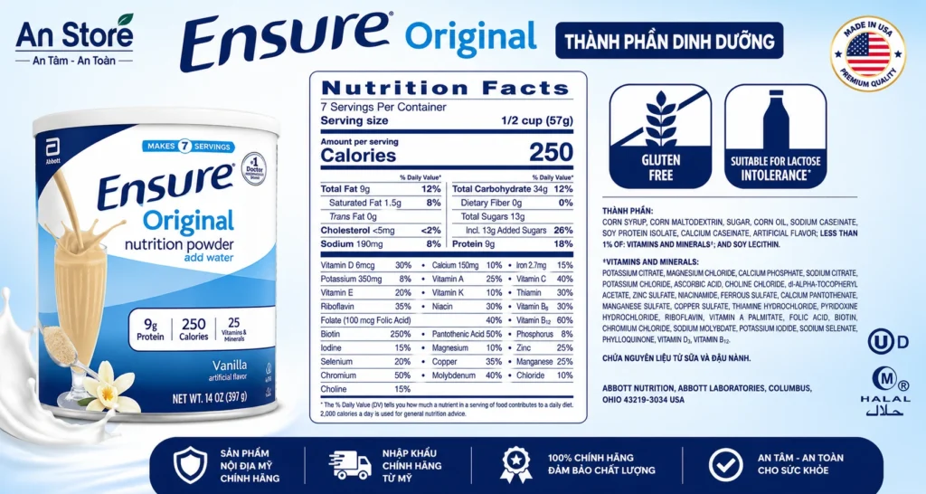 Thành Phần Dinh Dưỡng Có Trong Sữa Bột Ensure Original Hương Vani
