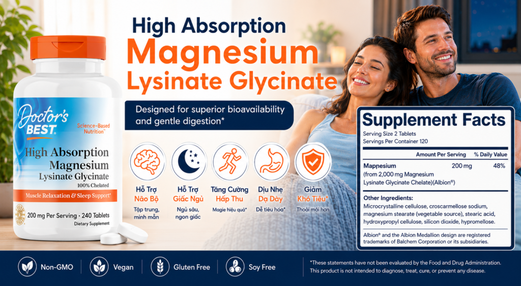 Thành Phần Magie Hữu Cơ Doctor’s Best Magnesium Lysinate Glycinate 200mg Của Mỹ