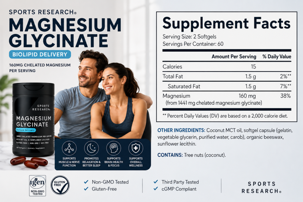 Thành Phần Viên Uống Magie Hữu Cơ Sports Research Magnesium Glycinate 120 Viên Của Mỹ