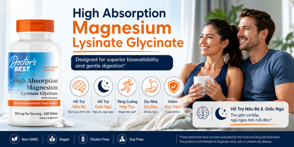 Viên uống magie hữu cơ Doctor’s Best Magnesium Lysinate Glycinate 200mg của Mỹ chính hãng