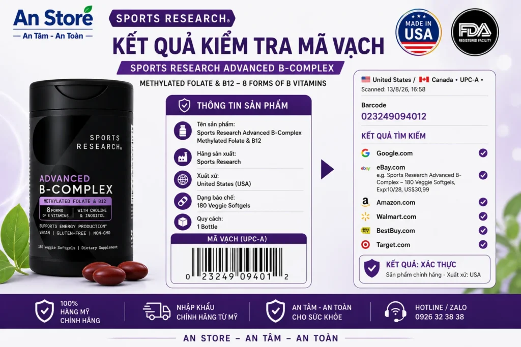 Sports Research Advanced B Complex Do An Store Cung Cấp Luôn Có Mã Vạch Chuẩn Mỹ UPC-A