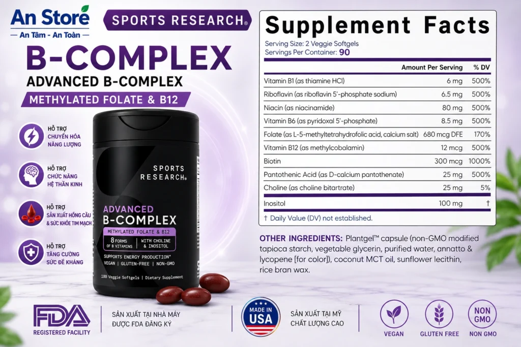 Thành Phần Viên Uống Sports Research Advanced B Complex Của Mỹ