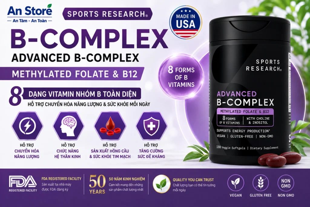 Vitamin Nhóm B Tổng Hợp Sports Research Advanced B Complex Của Mỹ 180 Viên Chính Hãng