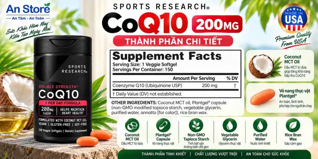 Thành Phần Thuốc Bổ Tim Sports Research CoQ10 200mg 150 Viên Của Mỹ