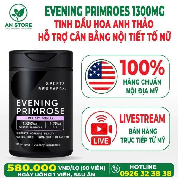 Tinh Dầu Hoa Anh Thảo Sports Research Evening Primrose 1300mg 90 Viên Của Mỹ
