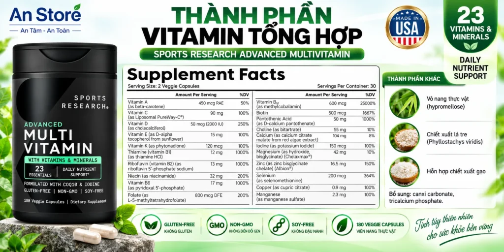 Thành Phần Dinh Dưỡng Sports Research Advanced Multivitamin Của Mỹ