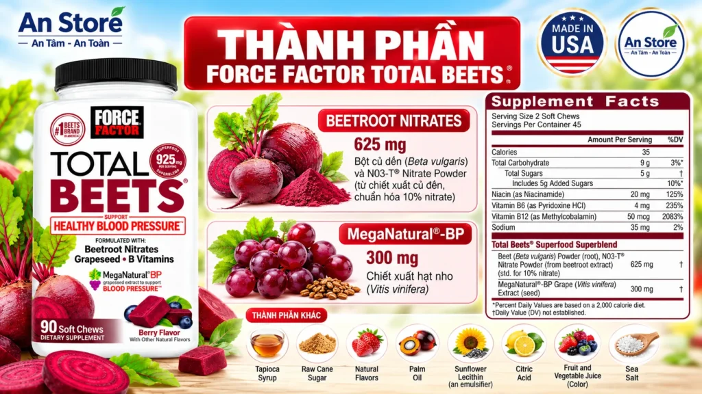Thành Phần Viên Nhai Hạ Huyết Áp Force Factor Total Beets Của Mỹ