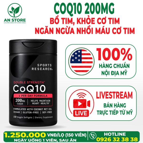 Thuốc Bổ Tim Sports Research CoQ10 200mg 150 Viên Của Mỹ