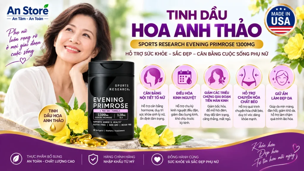 Tinh Dầu Hoa Anh Thảo Sports Research Evening Primrose 1300mg 90 Viên Của Mỹ