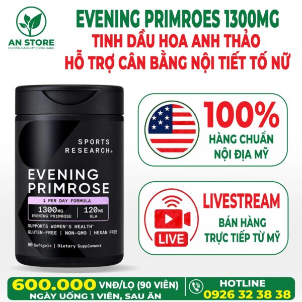 Tinh Dầu Hoa Anh Thảo Sports Research Evening Primrose 1300mg Của Mỹ