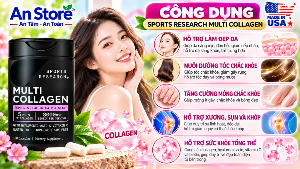 Công Dụng Viên Uống Multi Collagen Sports Research 180 Viên Của Mỹ