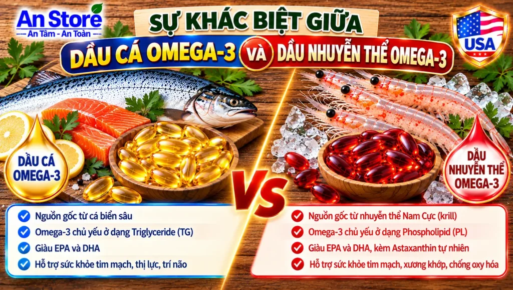 So Sánh Dầu Cá Omega-3 và Dầu Nhuyễn Thể Omega-3 chuẩn Mỹ